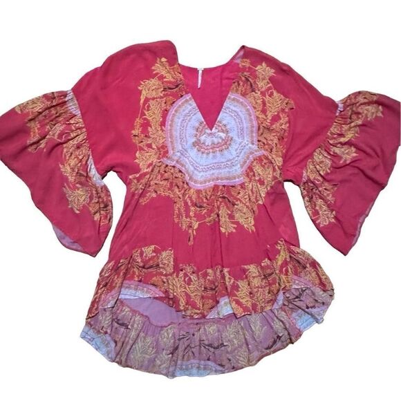 Free People Sunset Dreams printed flare sleeve blouse sz Small red - Picture 9 of 16